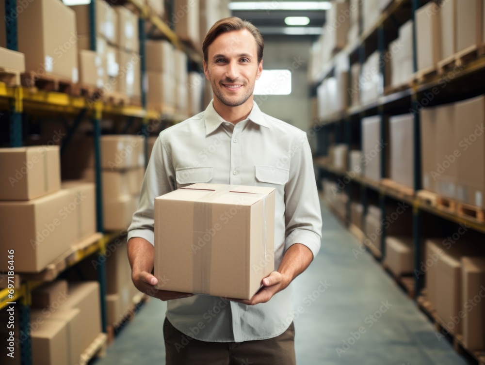 Male warehouse worker portrait in warehouse storage Male warehouse worker portrait in warehouse storage