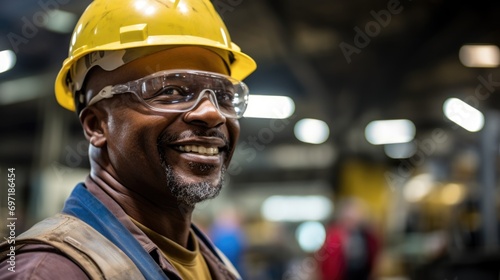 Industrial workers wear safety glasses at work, hard hat