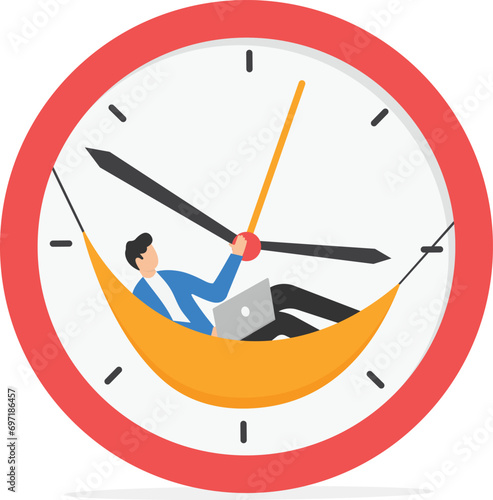 Wasted time, procrastination or slow life, lazy to work, low productivity or efficiency, self discipline problem, tired or no motivation concept, lazy businessman sleeping on the time running clock.

