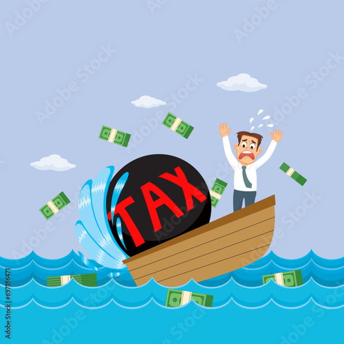 Businessman in a sinking boat with heavy taxes. illustration vector cartoon.