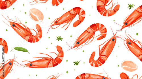 Seamless cartoon watercolour shrimp prawn pattern design with white background.
