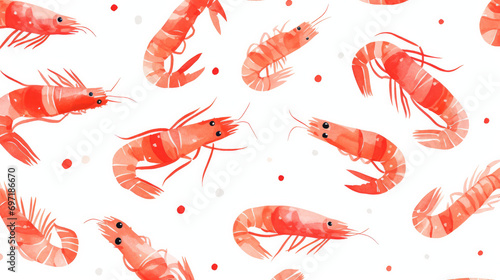 Seamless cartoon watercolour shrimp prawn pattern design with white background.
