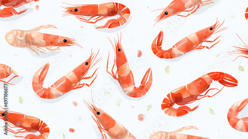 Seamless cartoon watercolour shrimp prawn pattern design with white background.
