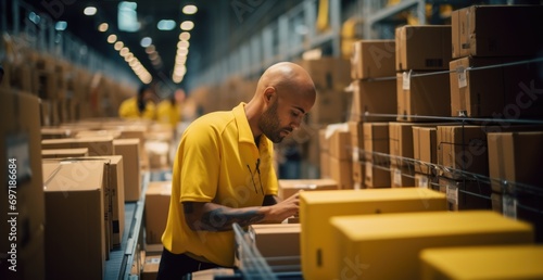 People work in a distribution warehouse sorting boxes on a conveyor photo