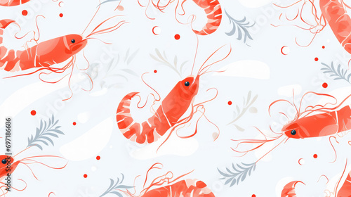 Seamless cartoon watercolour shrimp prawn pattern design with white background.
