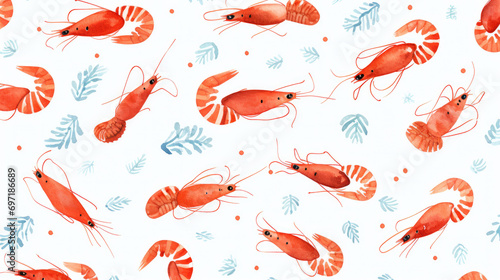 Seamless cartoon watercolour shrimp prawn pattern design with white background.

