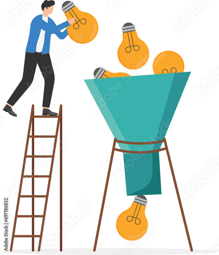 Idea funnel, brainstorm to get solution or final idea, creativity, innovation or imagination to create inspiring solution concept, business people help put small lightbulb in funnel to get final idea.