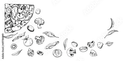 Hand drawn vector ink illustration. Capricciosa pizza slice, mozzarella tomato basil olive prosciutto champignon. Composition isolated on white. Restaurant menu cafe food shop or package, flyer print.