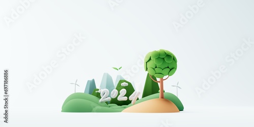 green city with text 2024 background 3d illustration.