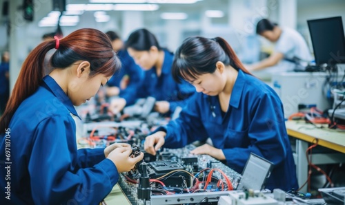 Asian workers assembling electronic parts in the factory