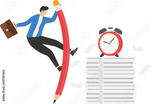 Efficiency or productivity to finish work, manage busy workload or paperwork, project documents or overcome exhausted or challenge concept, businessman jump pole vault over busy document paper.

