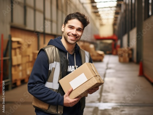 Male delivery worker safely carries the delivered package © Instacraft.Studio