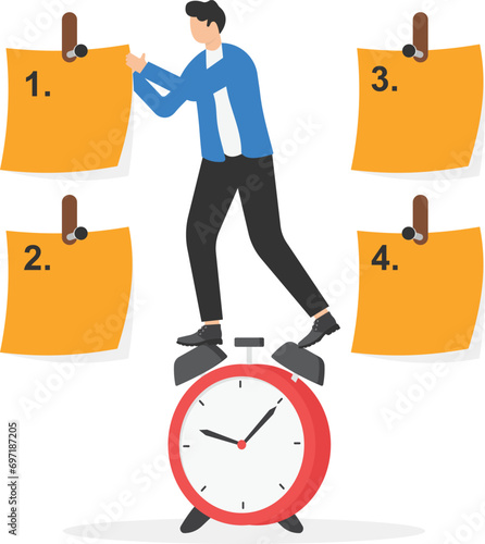Set work priority, arrange to do list which job to do before and after, task management concept, young entrepreneur businessman manage to prioritize sticky note with number first, second and third.

