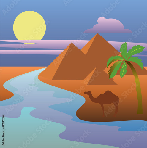 Nile river, Egyptian pyramids, camel, palm. Vector illustration