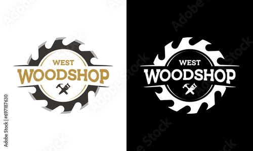 Sawmill emblem logo vector for carpentry, woodworkers, lumberjack, sawmill service.Isolated on white background