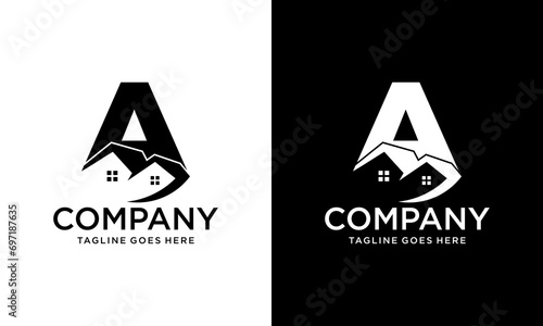 Creative Logo design of A/A house for construction, home, real estate, building, property. Minimal awesome trendy professional logo design template on black background.