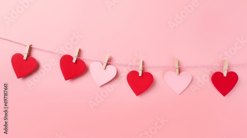 Valentine's Day paper hearts hanging on a clothesline on a pink background.