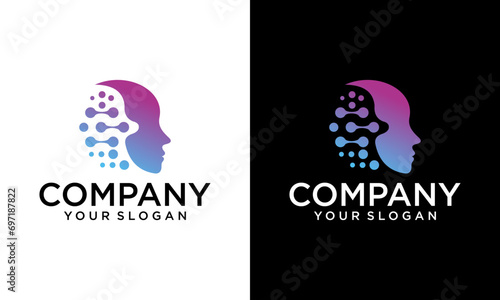 Creative Human Brain Technology Logo design vector icon symbol illustrations. Colorful connecting data for artificial intelligence and human face. Brain circuit board ai tech concept dot line elements