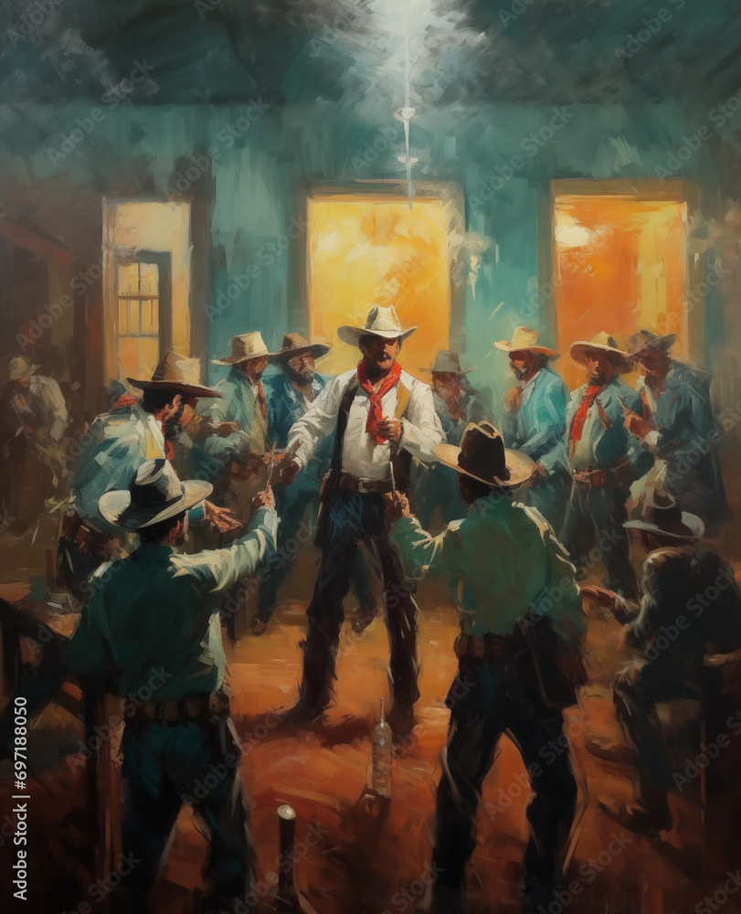 A tense moment inside a dimly lit saloon with cowboys reaching for their guns A tense moment inside a dimly lit saloon with cowboys reaching for their guns
