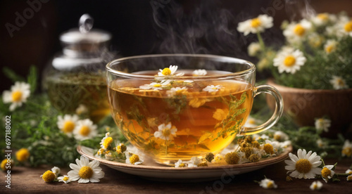 Herbal chamomile tea on a wooden table surrounded by flower buds photo
