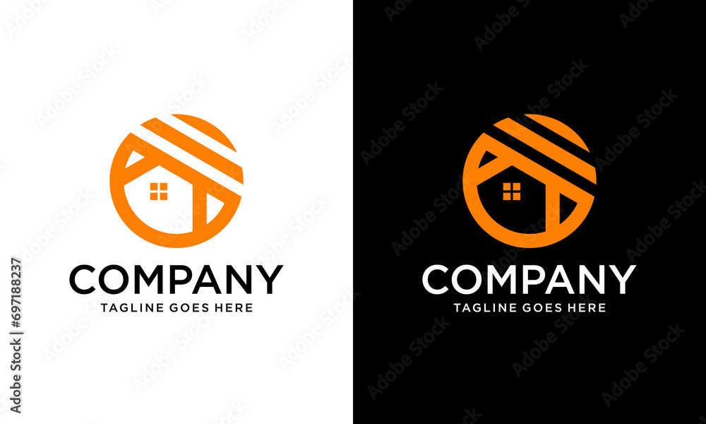 Creative Real Estate logo design. Property and Construction Logo design. Real estate service, construction, Growth house, circle home logo in white and black background.