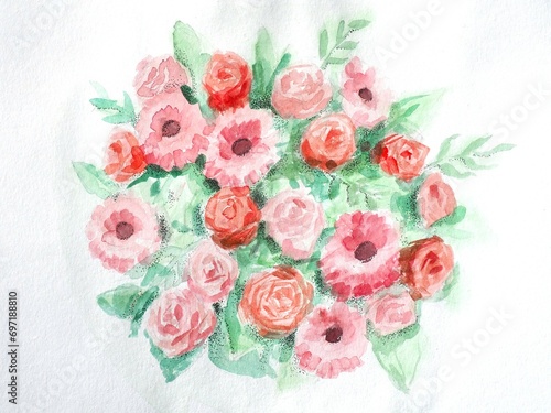 Flowers painted with water colors. A beautiful bouquet of roses and gerberas. Greeting Card