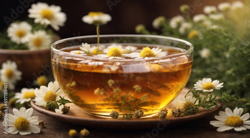 a chamomile tea glass adorned with chamomile blossoms photo