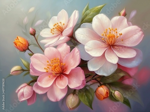 illustration of colorful bright blossoming flowers with gentle petals and pleasant aroma growing on blurred background