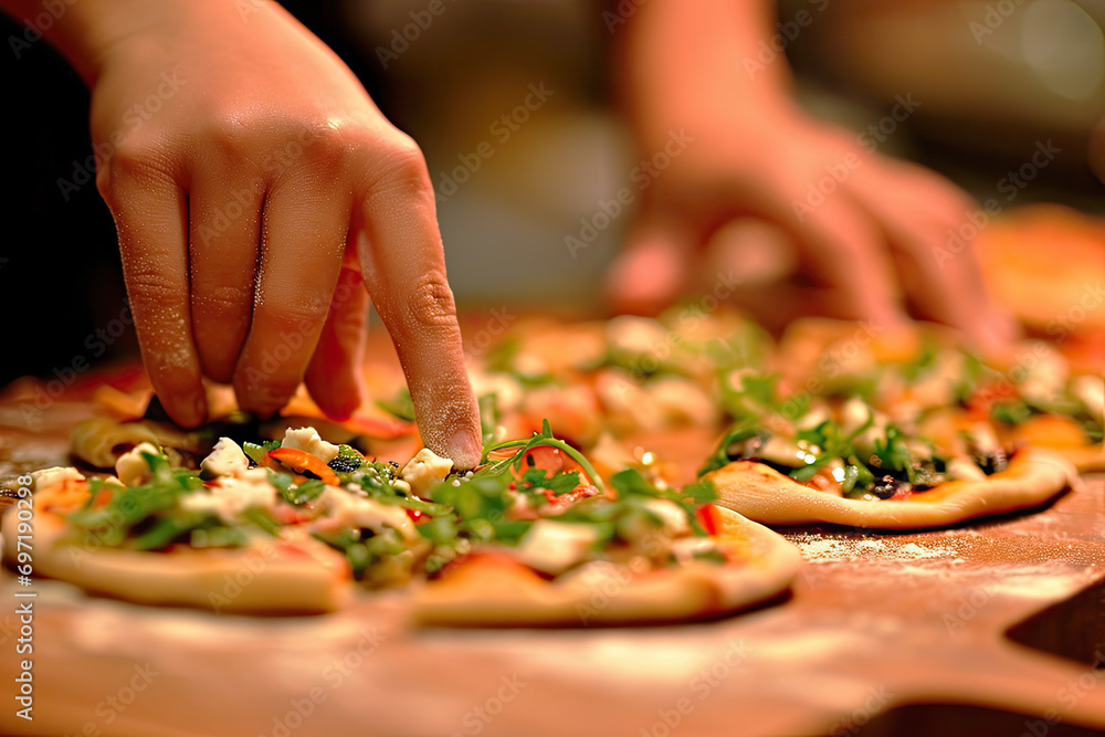 Chef's hands in the process of preparing pizza.