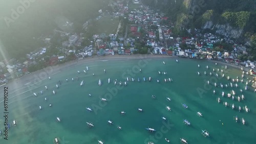El Nido Beach and Boats in Palawan, Philippines. Morning Beach and Seascape in Background. Very Popular Sightseeing Place Among Tourists. Drone photo