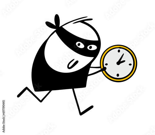 Brazen thief in black mask has stolen an expensive gold watch and is running away from the police. Vector illustration of a waste of time. Isolated character on white background.