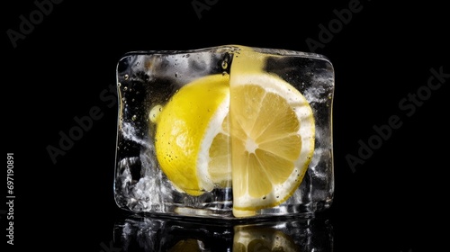 Lemon frozen in an ice cube. Frozen fruits on black background.