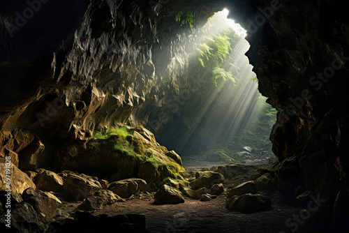 sunlight coming to a cave crack. Generative Ai