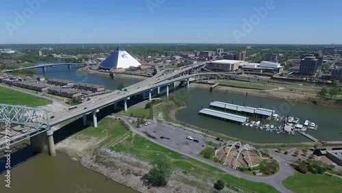 Hernando de Soto Bridge in Memphis Mississippi River, Trafic in Background. Pyramid. Drone photo
