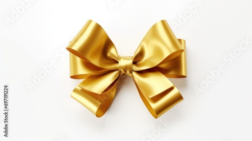 Golden satin bow on white background. Festive decoration and gift presentation.