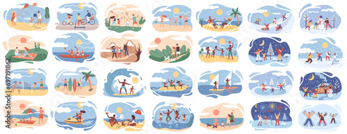 Active family outdoors. Set of vacationing family on winter and summer holidays