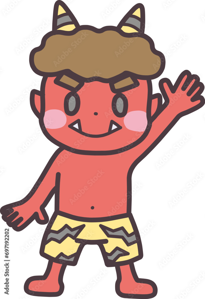 片手を上げて立っている赤鬼のキャラクターイラスト 片手を上げて立っている赤鬼のキャラクターイラスト