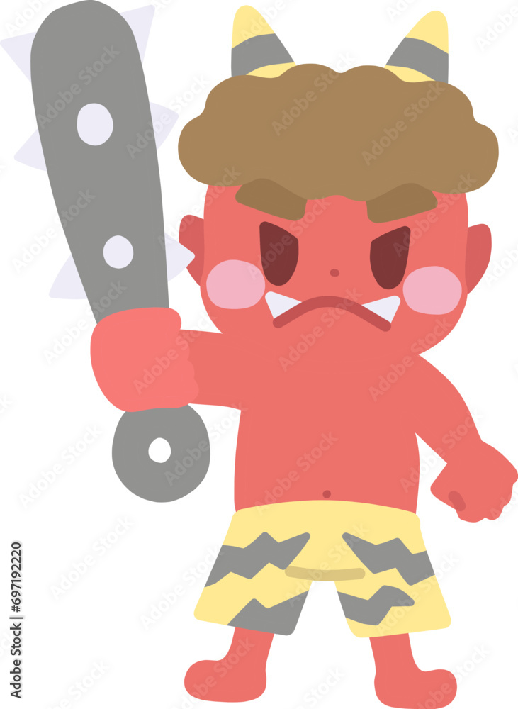 節分をイメージした、金棒を構えている赤鬼のキャラクターイラスト 節分をイメージした、金棒を構えている赤鬼のキャラクターイラスト