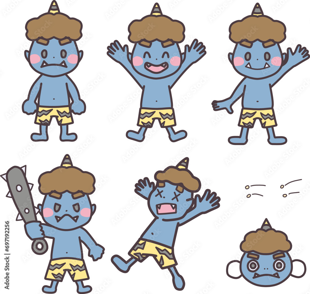 節分をイメージしたいろんなポーズの青鬼のキャラクターのイラストセット