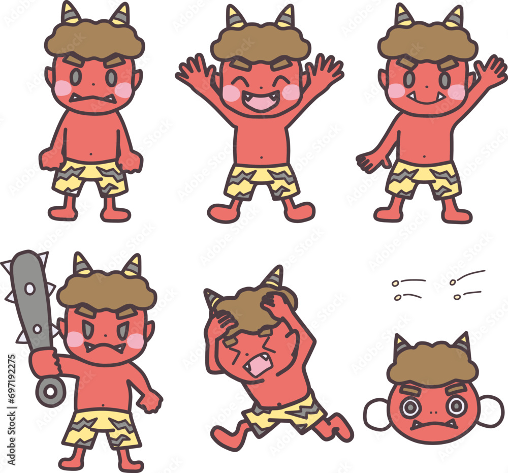 節分をイメージしたいろんなポーズの赤鬼のキャラクターのイラストセット 節分をイメージしたいろんなポーズの赤鬼のキャラクターのイラストセット