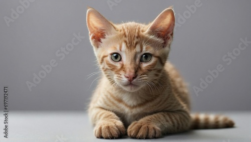An adorable Ocicat kitten gazes curiously in a minimalist photography setting, its striped ginger coat and kittenish charm perfectly captured against the white background.