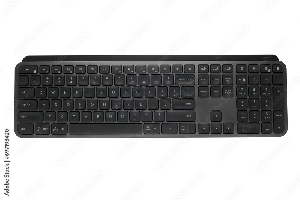 Top view of Full size wireless desktop computer keyboard on transparent background Top view of Full size wireless desktop computer keyboard on transparent background