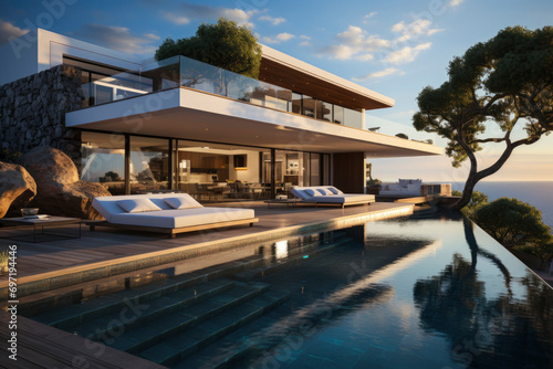 Sunny, tranquil modern luxury home showcase exterior with infinity pool and ocean view under blue sky © Tjeerd