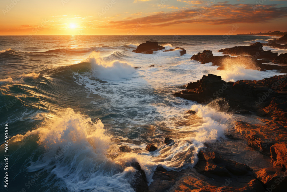 seascape ocean wave crashing rocky cliff with sunset at the horizon as background. Beautiful coastal scenic landscape with turquoise water beating rocky boulder. seascape ocean wave crashing rocky cliff with sunset at the horizon as background. Beautiful coastal scenic landscape with turquoise water beating rocky boulder.