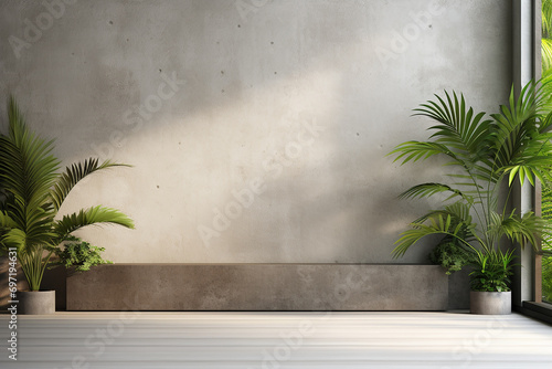 Empty white room with a wooden floor and plants. minimal with copy space
