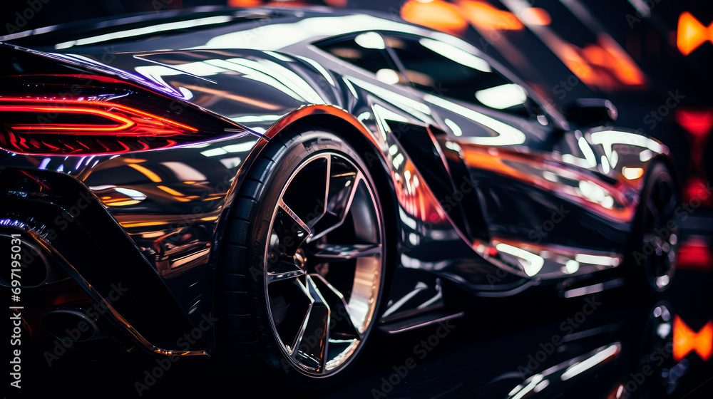 Close up of the LED tail light of futuristic modern powerful car. - obrazy, fototapety, plakaty 