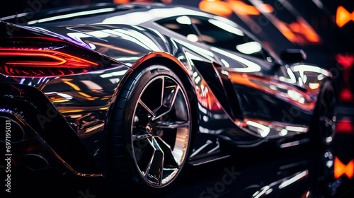 Close up of the LED tail light of futuristic modern powerful car. © graja