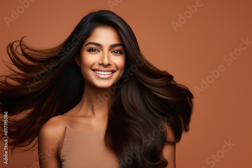 young indian woman with long and shiny hair style photo