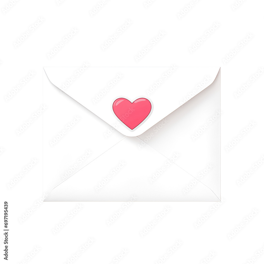Blank closed white envelope with red small heart isolated on transparent background, mockup. Top view, flat lay