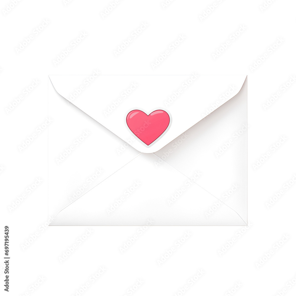 Blank closed white envelope with red small heart isolated on transparent background, mockup. Top view, flat lay Blank closed white envelope with red small heart isolated on transparent background, mockup. Top view, flat lay